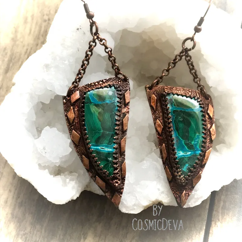 Malachite Chrysocolla One Of A Kind Copper Dangle Earrings,