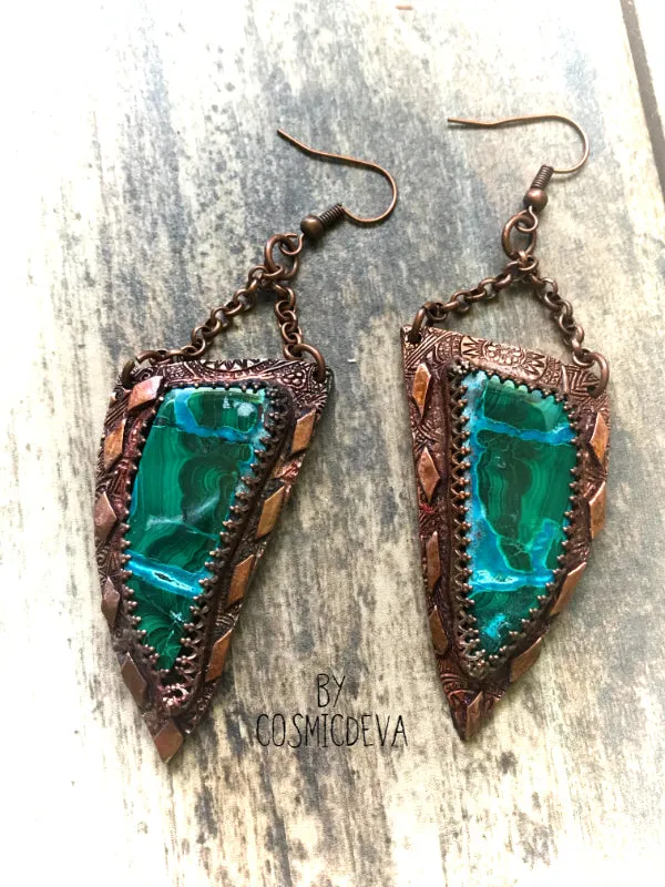 Malachite Chrysocolla One Of A Kind Copper Dangle Earrings,