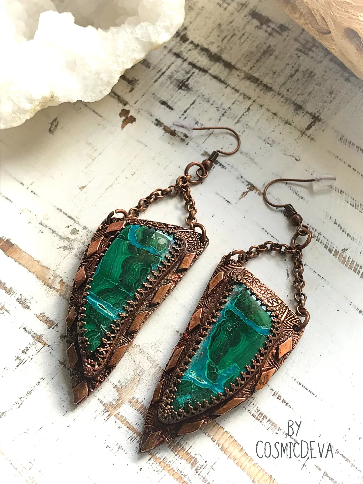 Malachite Chrysocolla One Of A Kind Copper Dangle Earrings,