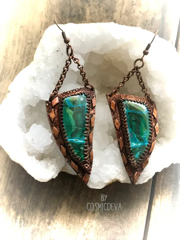 Malachite Chrysocolla One Of A Kind Copper Dangle Earrings,