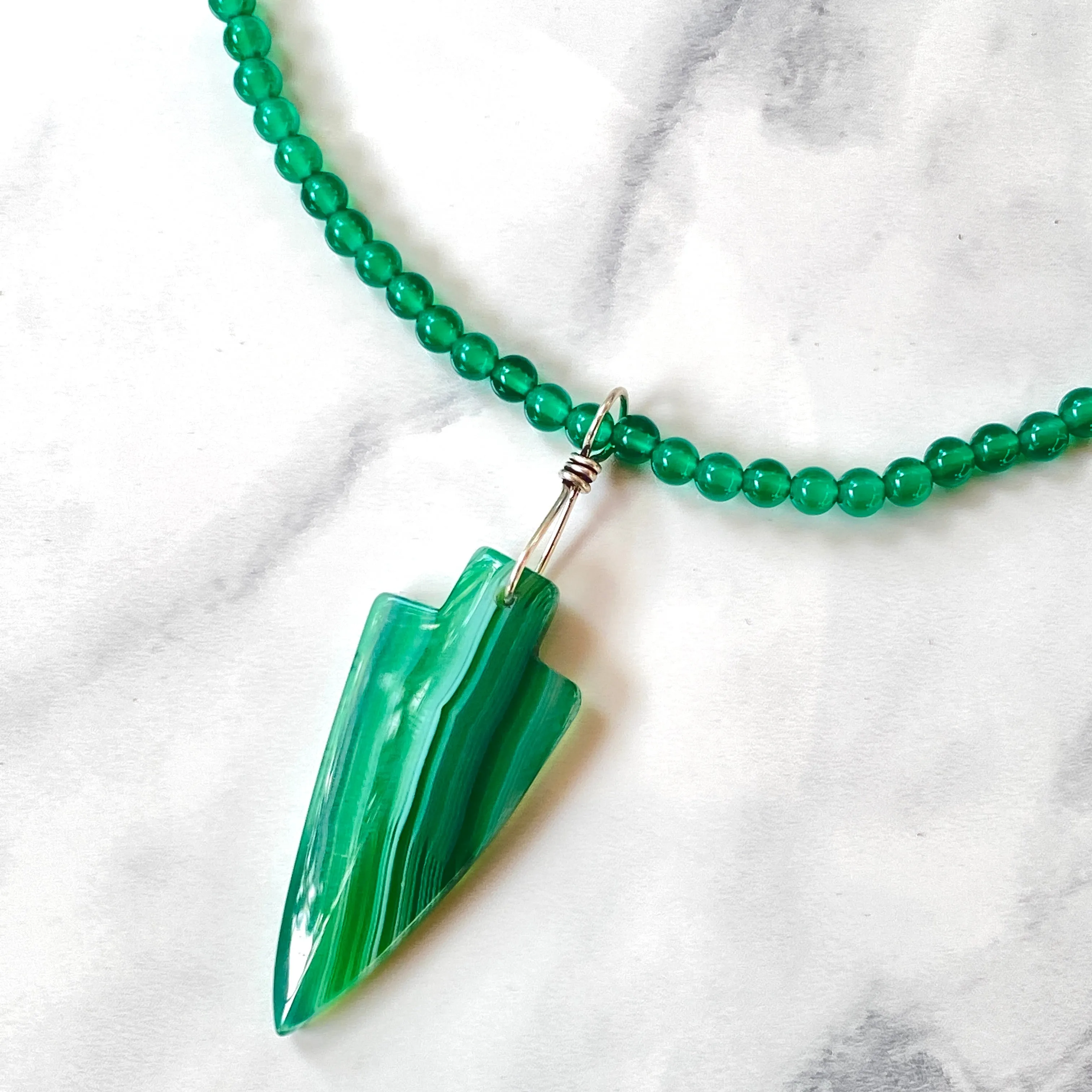 Men’s Green Banded Agate Arrow Pendant on Green Onyx Beaded Necklace W/ Sterling Silver