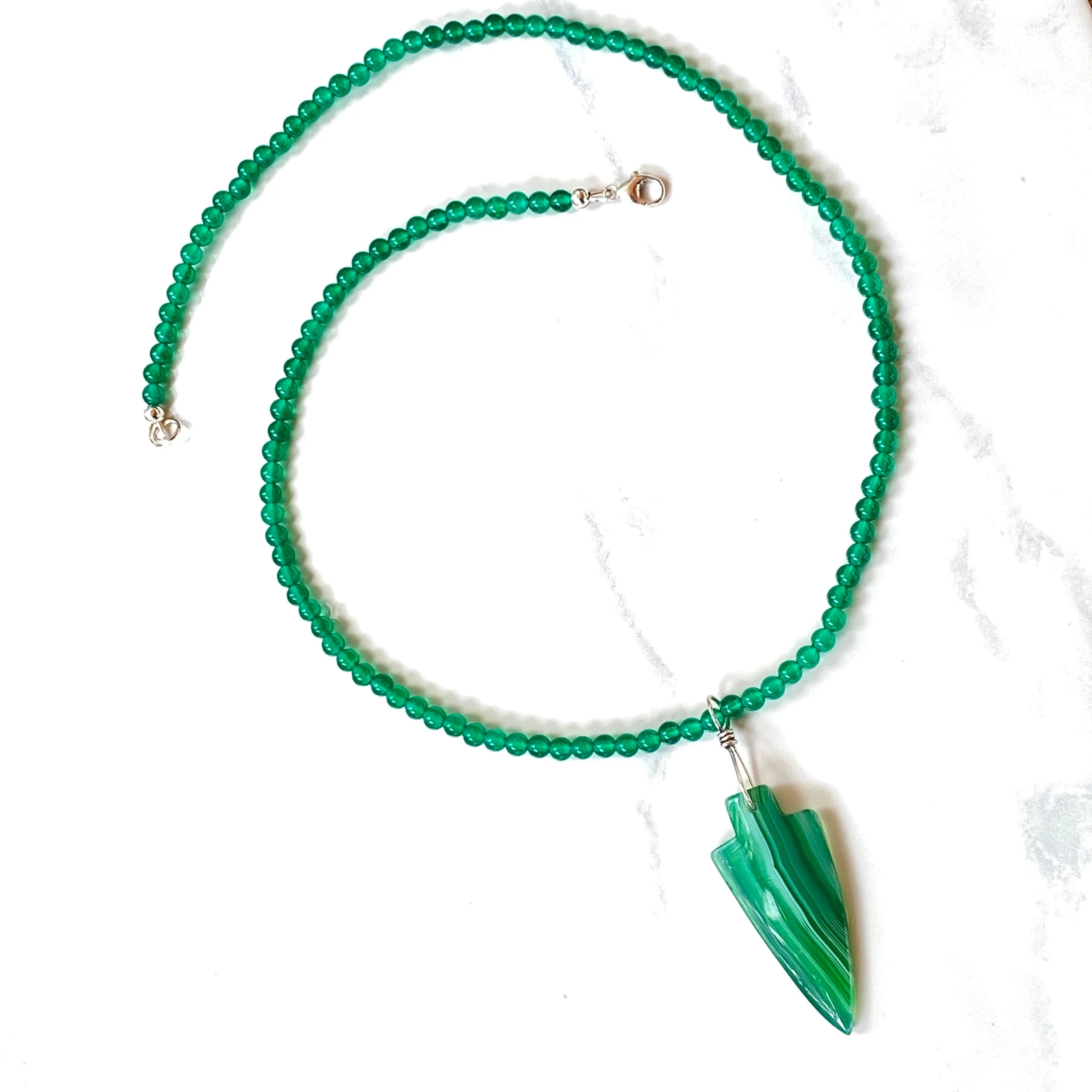 Men’s Green Banded Agate Arrow Pendant on Green Onyx Beaded Necklace W/ Sterling Silver