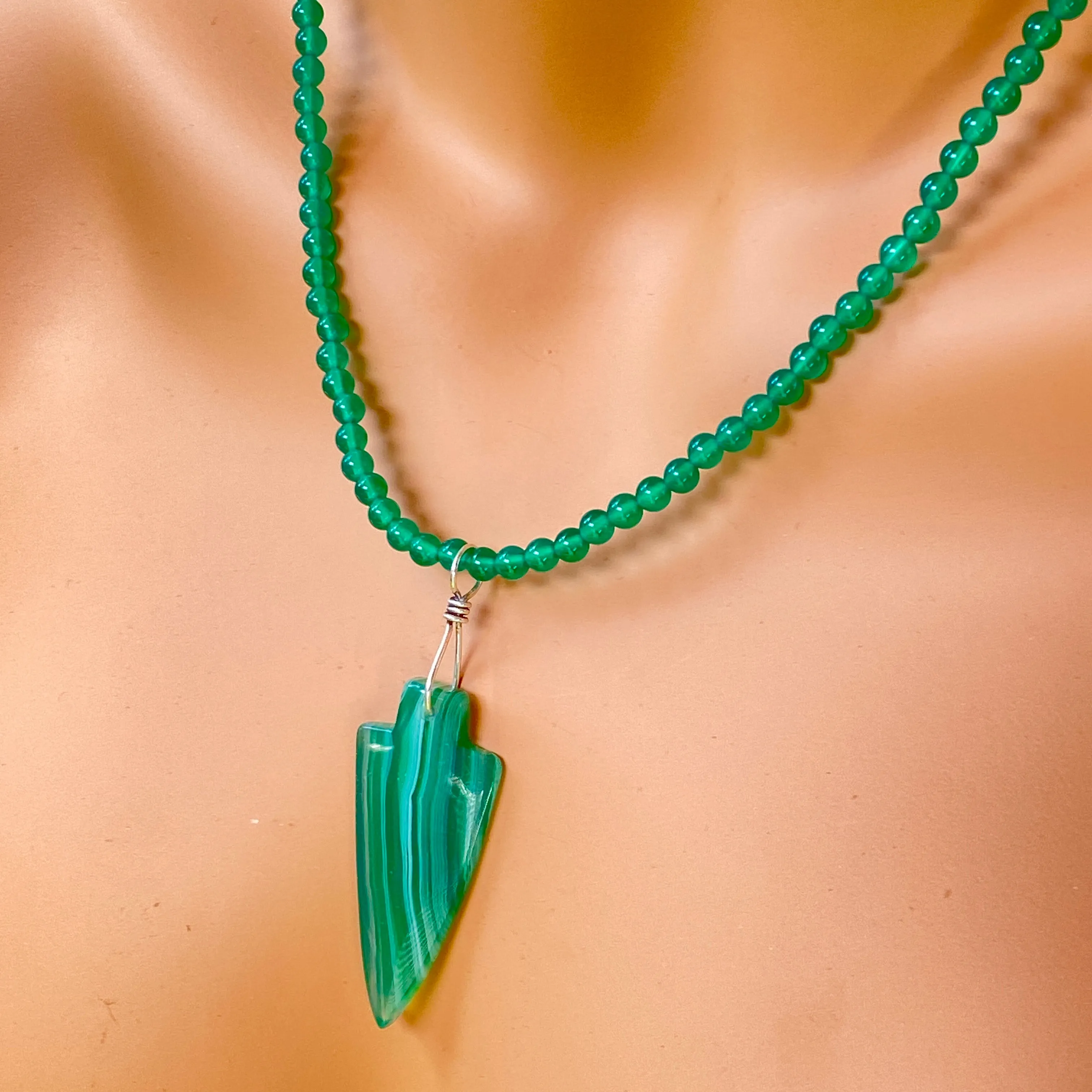 Men’s Green Banded Agate Arrow Pendant on Green Onyx Beaded Necklace W/ Sterling Silver