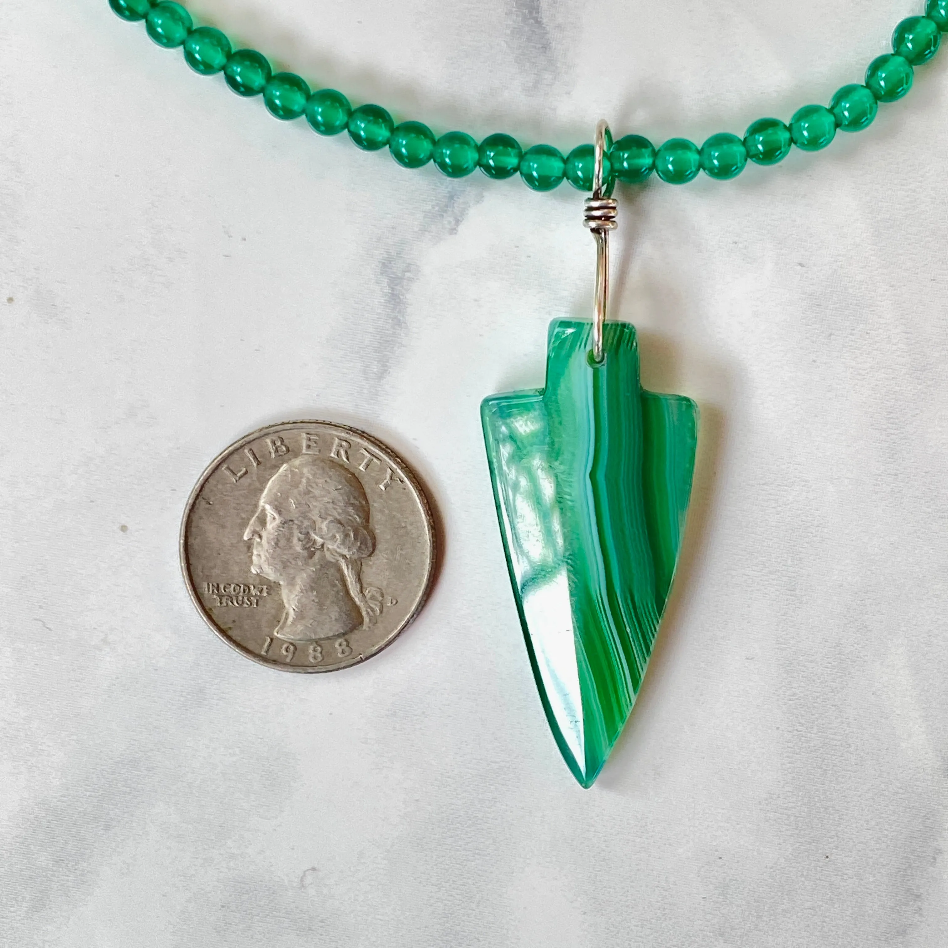 Men’s Green Banded Agate Arrow Pendant on Green Onyx Beaded Necklace W/ Sterling Silver