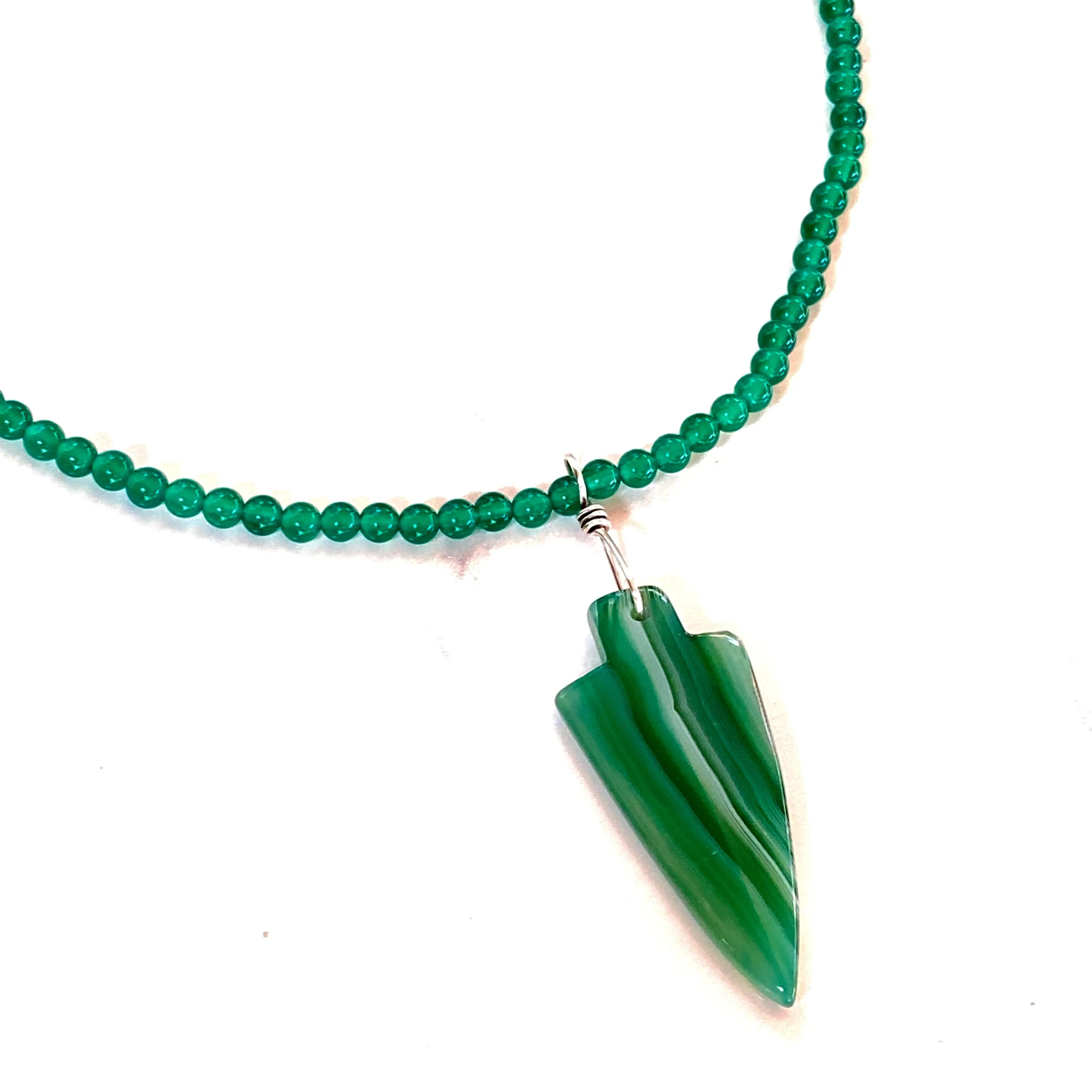 Men’s Green Banded Agate Arrow Pendant on Green Onyx Beaded Necklace W/ Sterling Silver