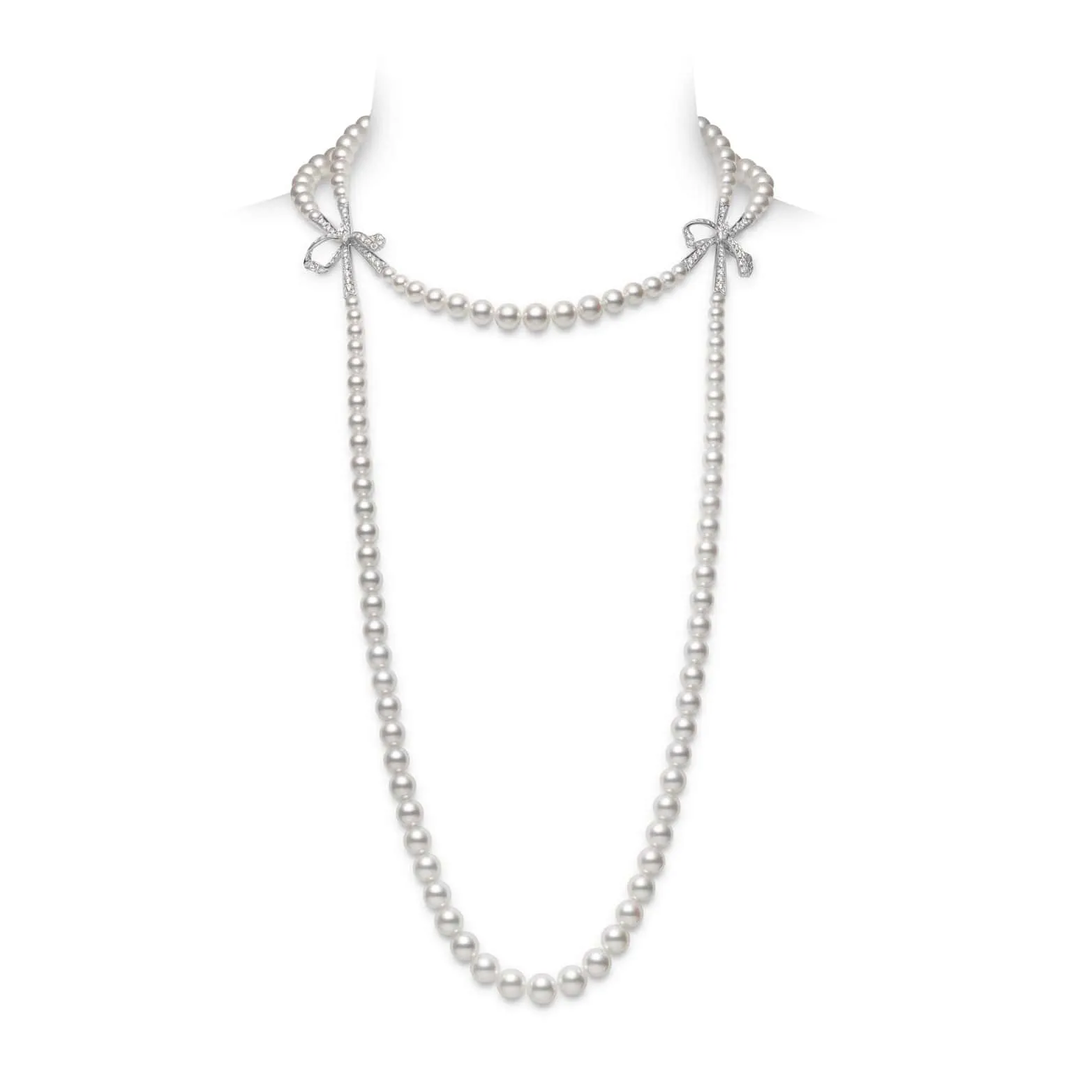 Mikimoto 18K White Gold Double Strand Pearl and Diamond Necklace