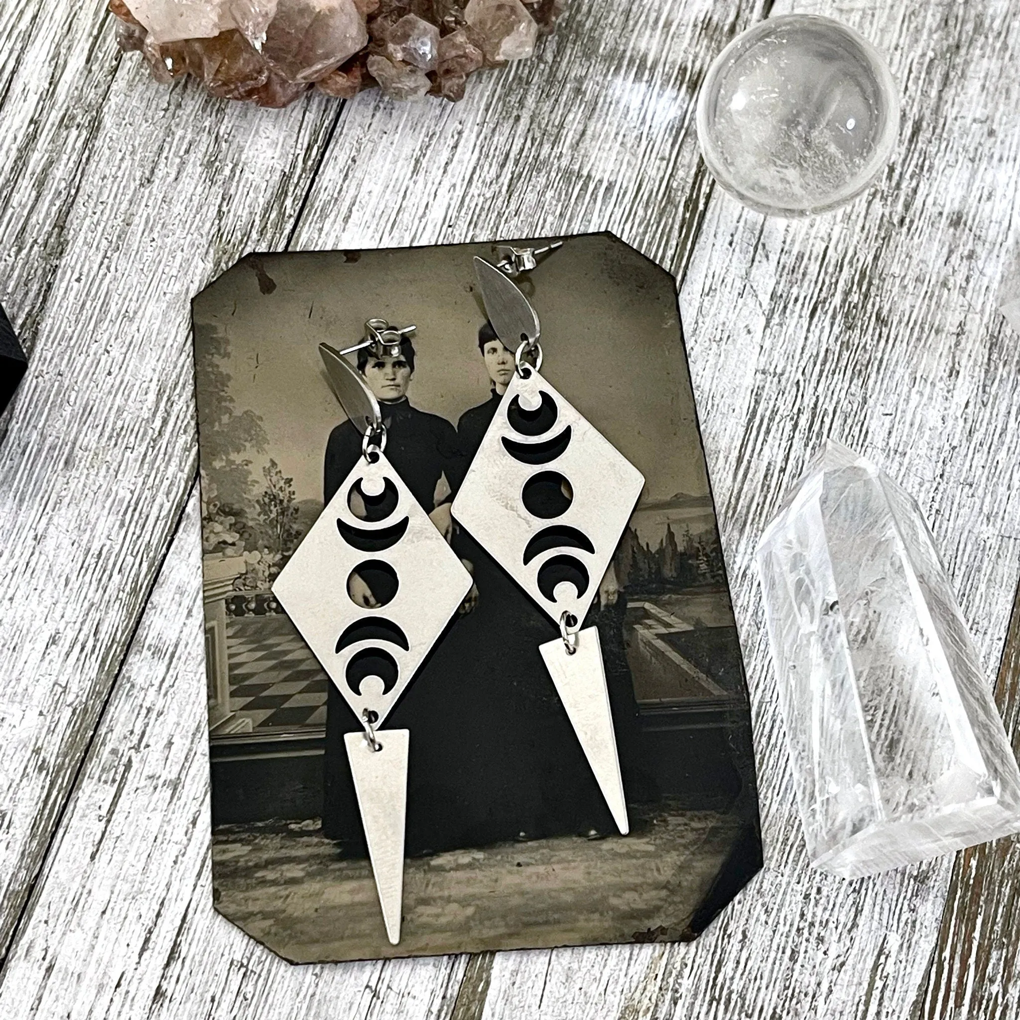 Moon Phases Geometric Stainless Steel Earrings / Pointy Earrings  - Long Dangly Geometric Earrings