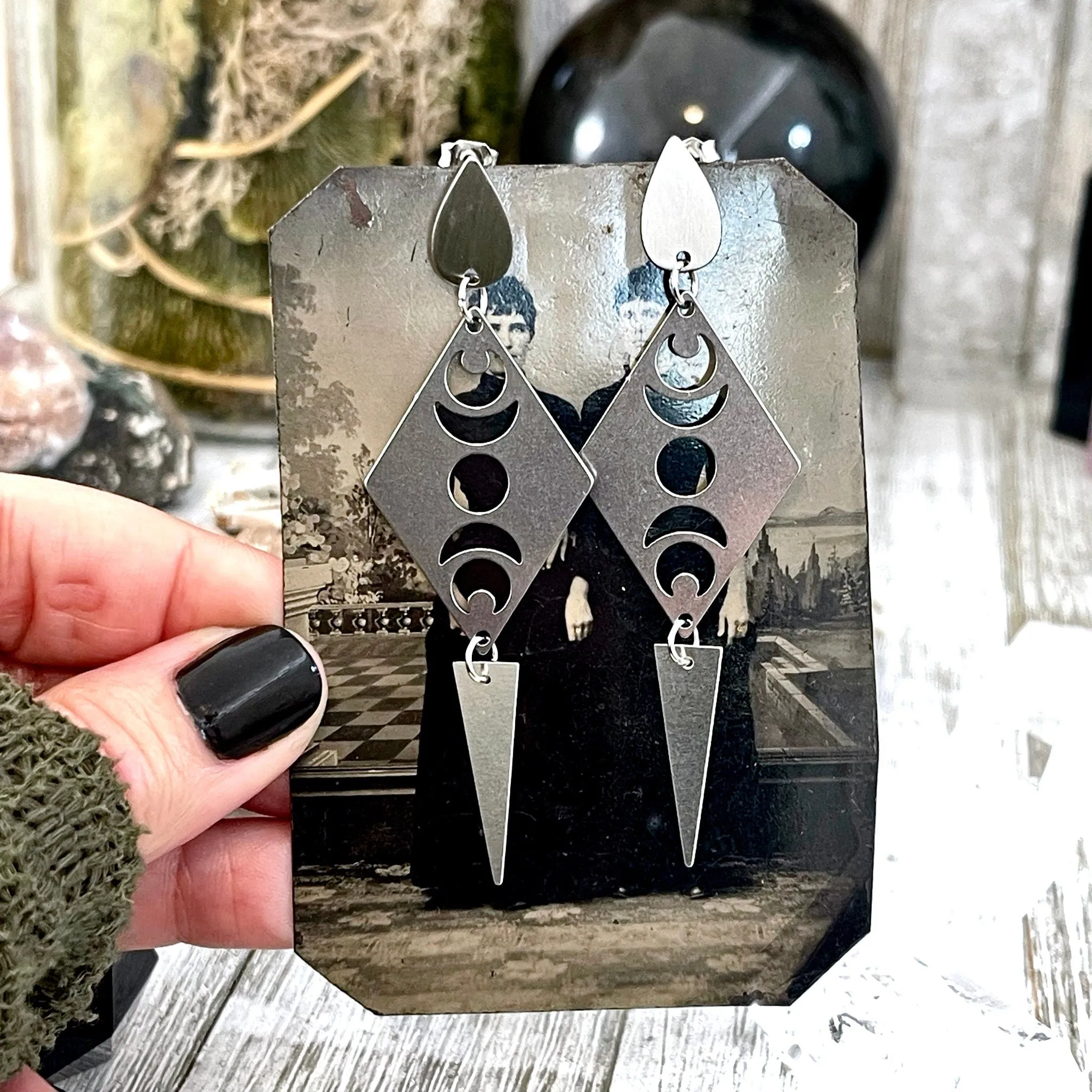 Moon Phases Geometric Stainless Steel Earrings / Pointy Earrings  - Long Dangly Geometric Earrings