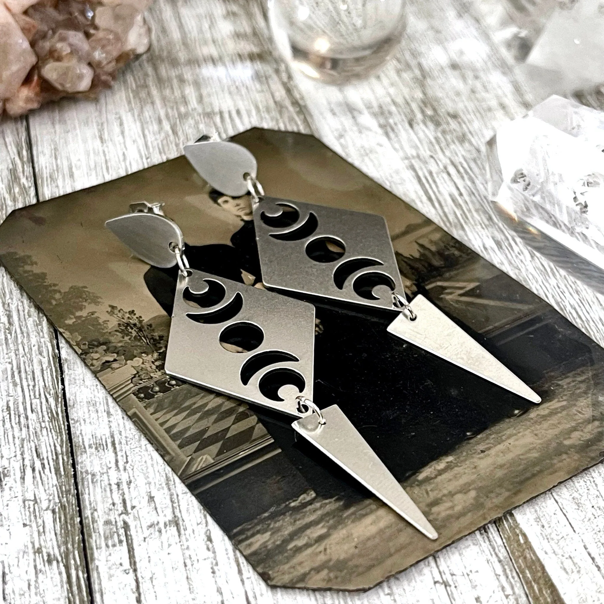 Moon Phases Geometric Stainless Steel Earrings / Pointy Earrings  - Long Dangly Geometric Earrings