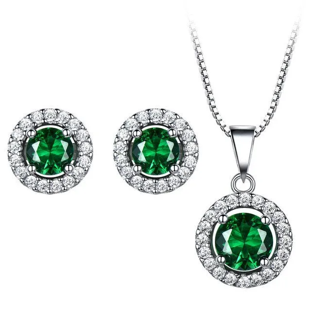 Nano Sapphire and Cubic Zirconia 925 Sterling Silver Pendant & Stud Earrings Jewelry Set