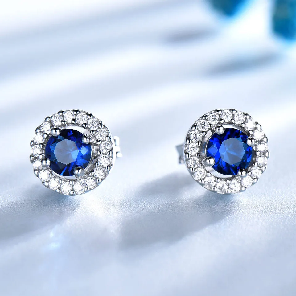 Nano Sapphire and Cubic Zirconia 925 Sterling Silver Pendant & Stud Earrings Jewelry Set