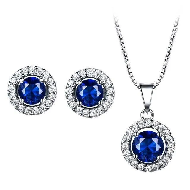 Nano Sapphire and Cubic Zirconia 925 Sterling Silver Pendant & Stud Earrings Jewelry Set