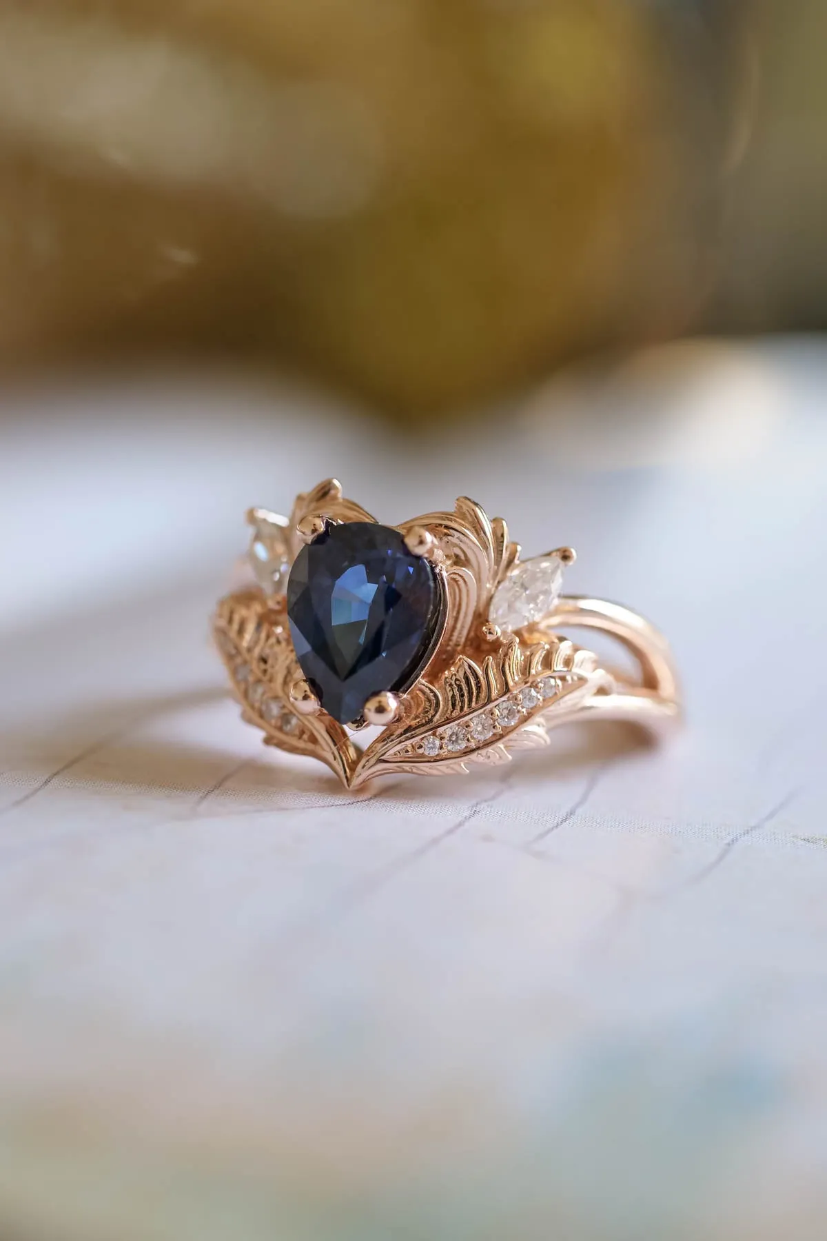 Natural blue sapphire bridal ring set, ornate engagement and wedding rings set / Adonis