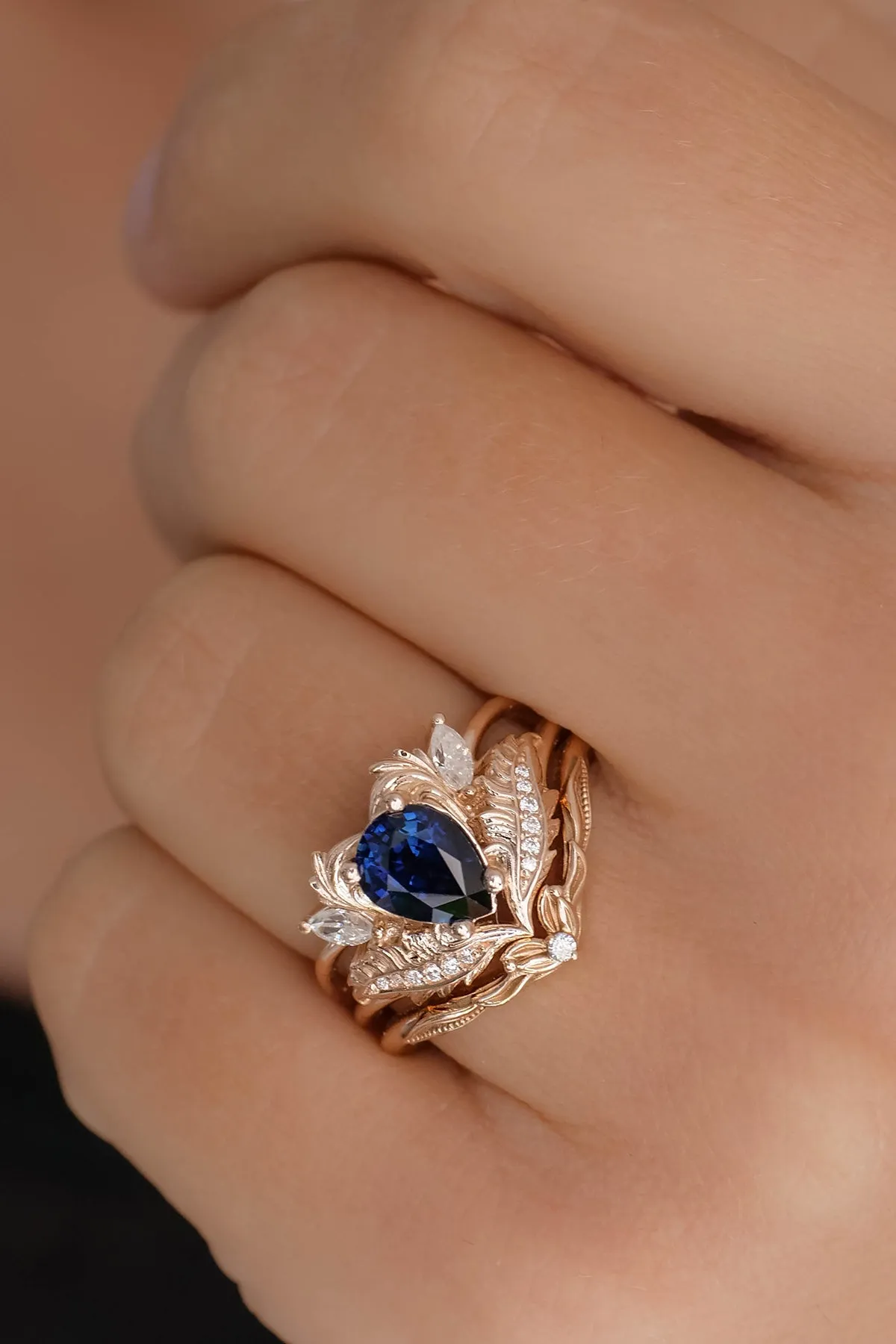 Natural blue sapphire bridal ring set, ornate engagement and wedding rings set / Adonis