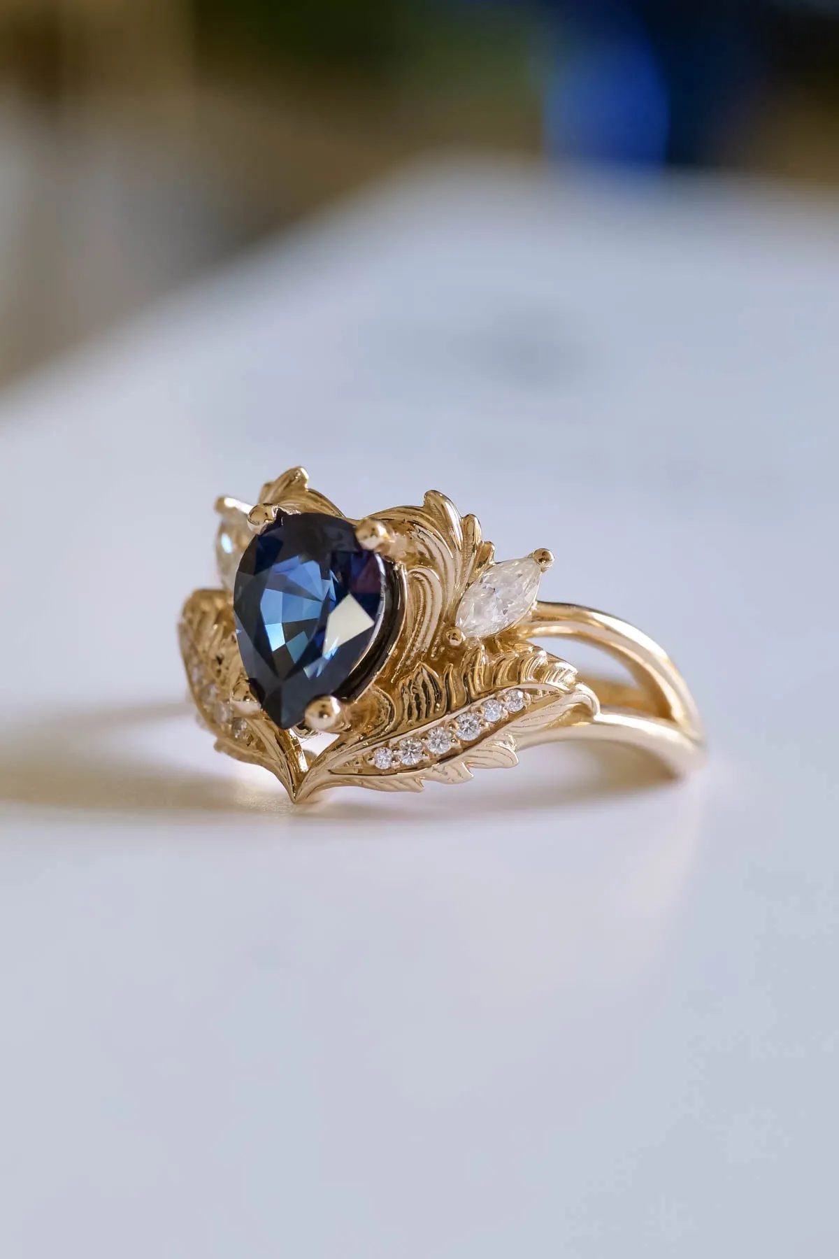 Natural blue sapphire bridal ring set, ornate engagement and wedding rings set / Adonis