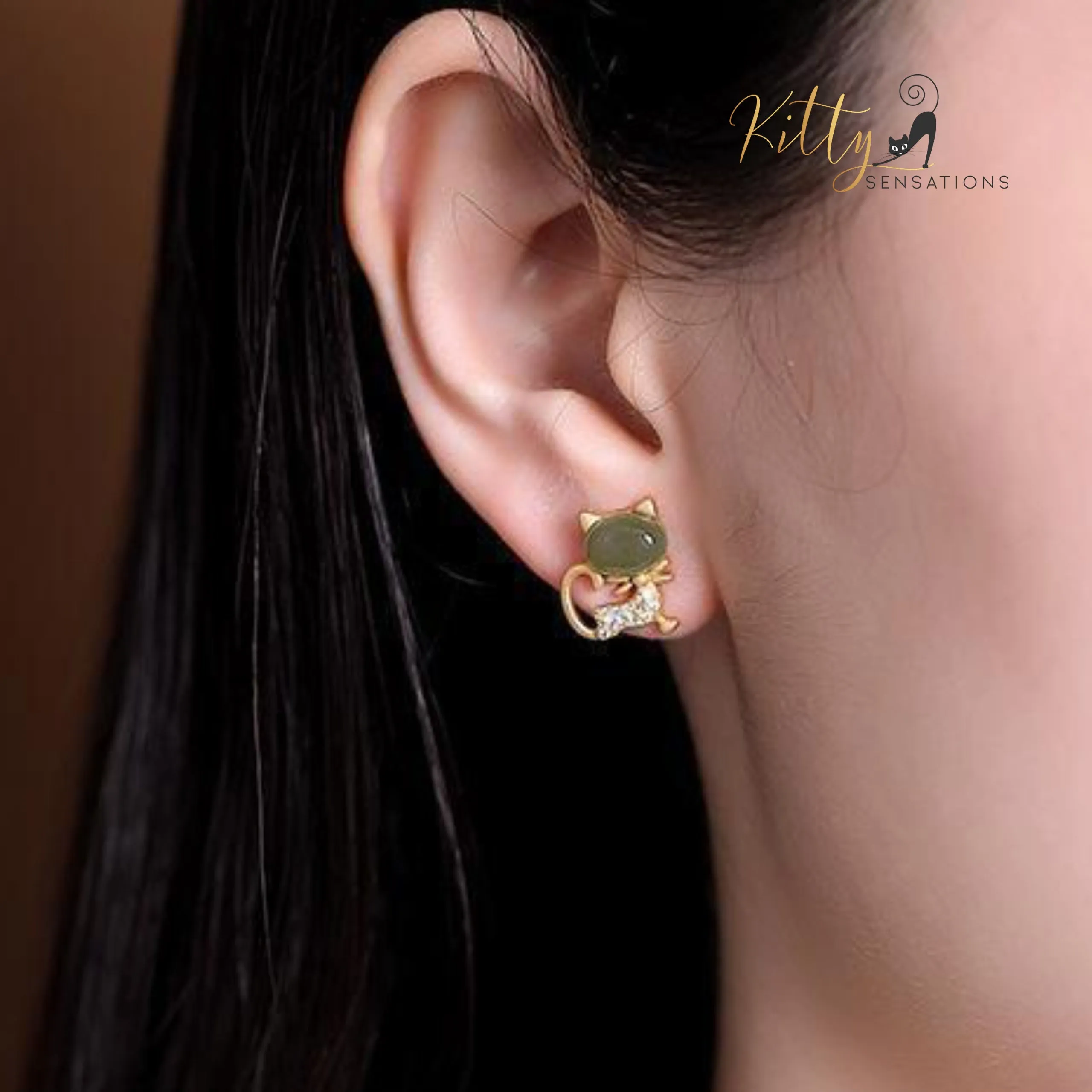 Natural Jade Bow Cat CZ Stud Earrings in Solid 925 Sterling Silver (Gold Plated)