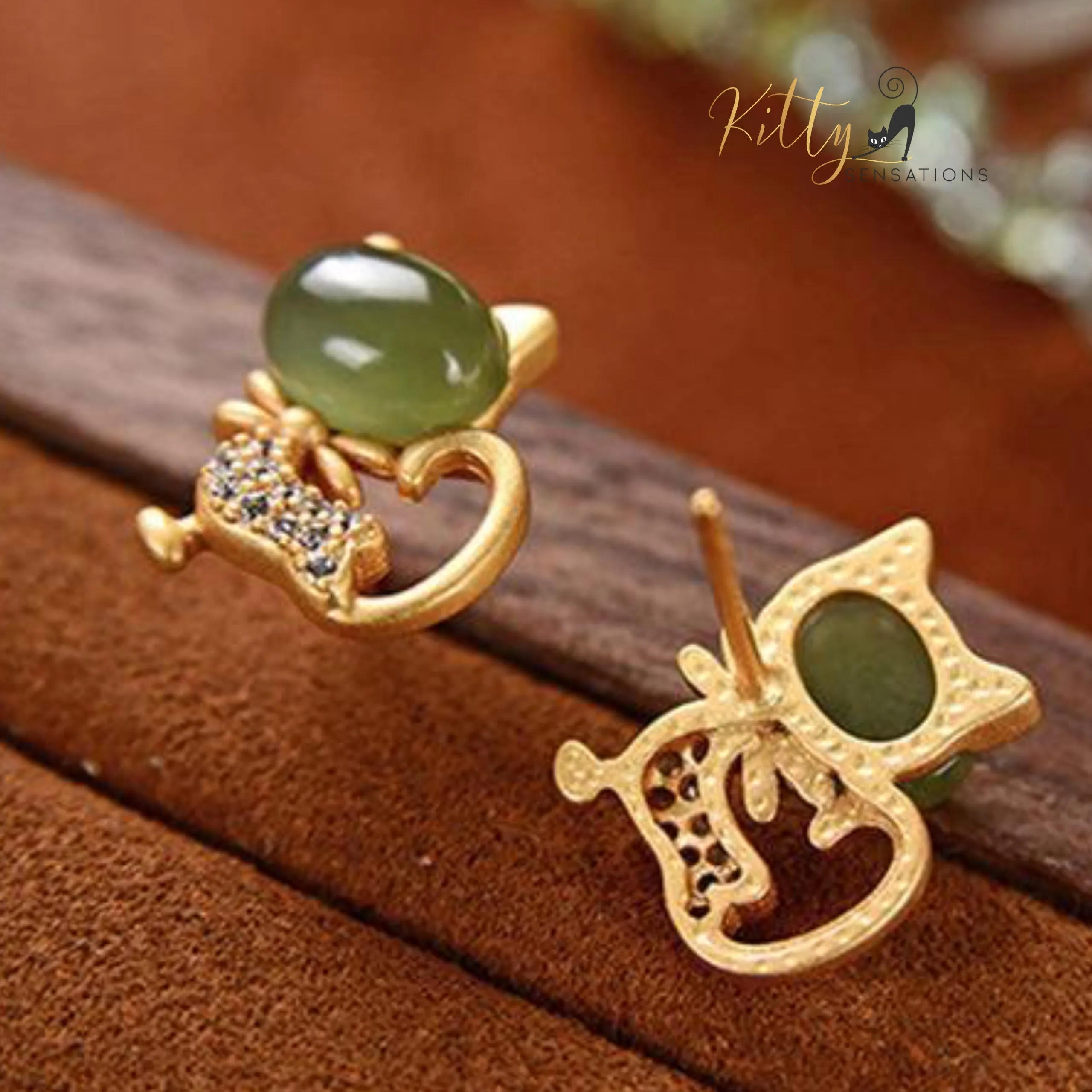 Natural Jade Bow Cat CZ Stud Earrings in Solid 925 Sterling Silver (Gold Plated)