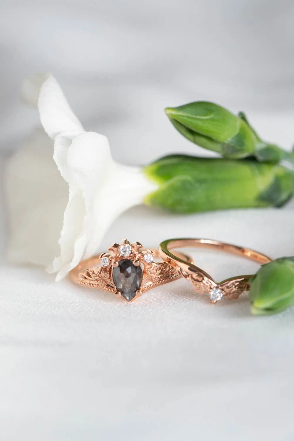 Nature inspired engagement ring with natural rose cut salt and pepper diamond / Ariadne