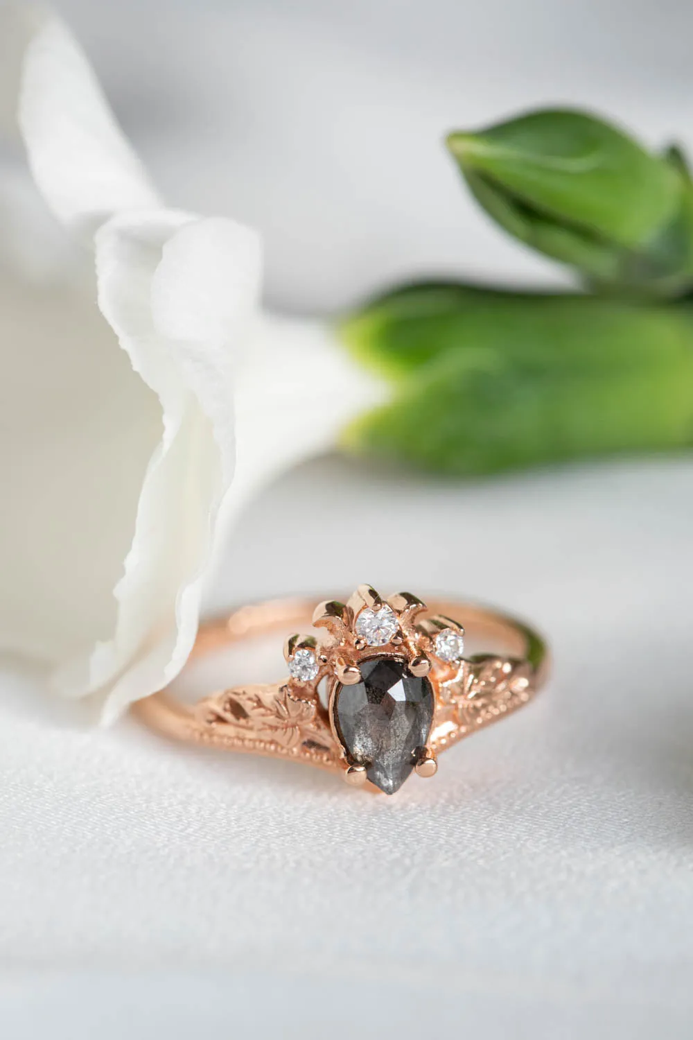 Nature inspired engagement ring with natural rose cut salt and pepper diamond / Ariadne