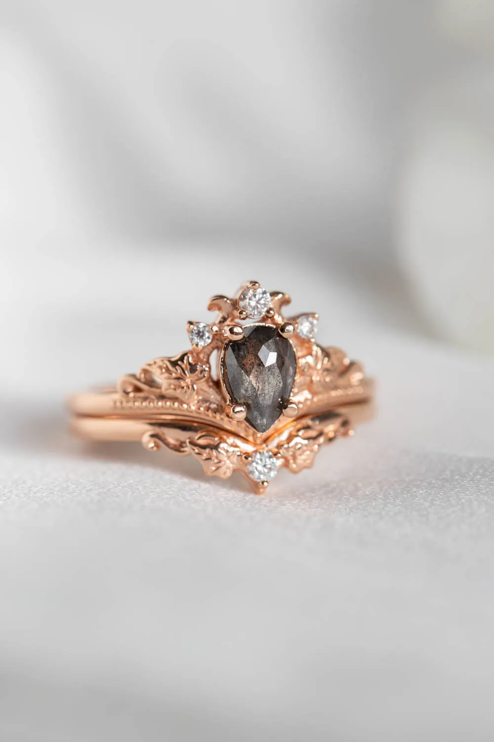 Nature inspired engagement ring with natural rose cut salt and pepper diamond / Ariadne