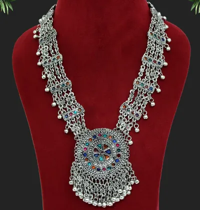 Navratri Silver Long Beads Multistrand Necklace