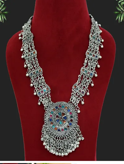 Navratri Silver Long Beads Multistrand Necklace