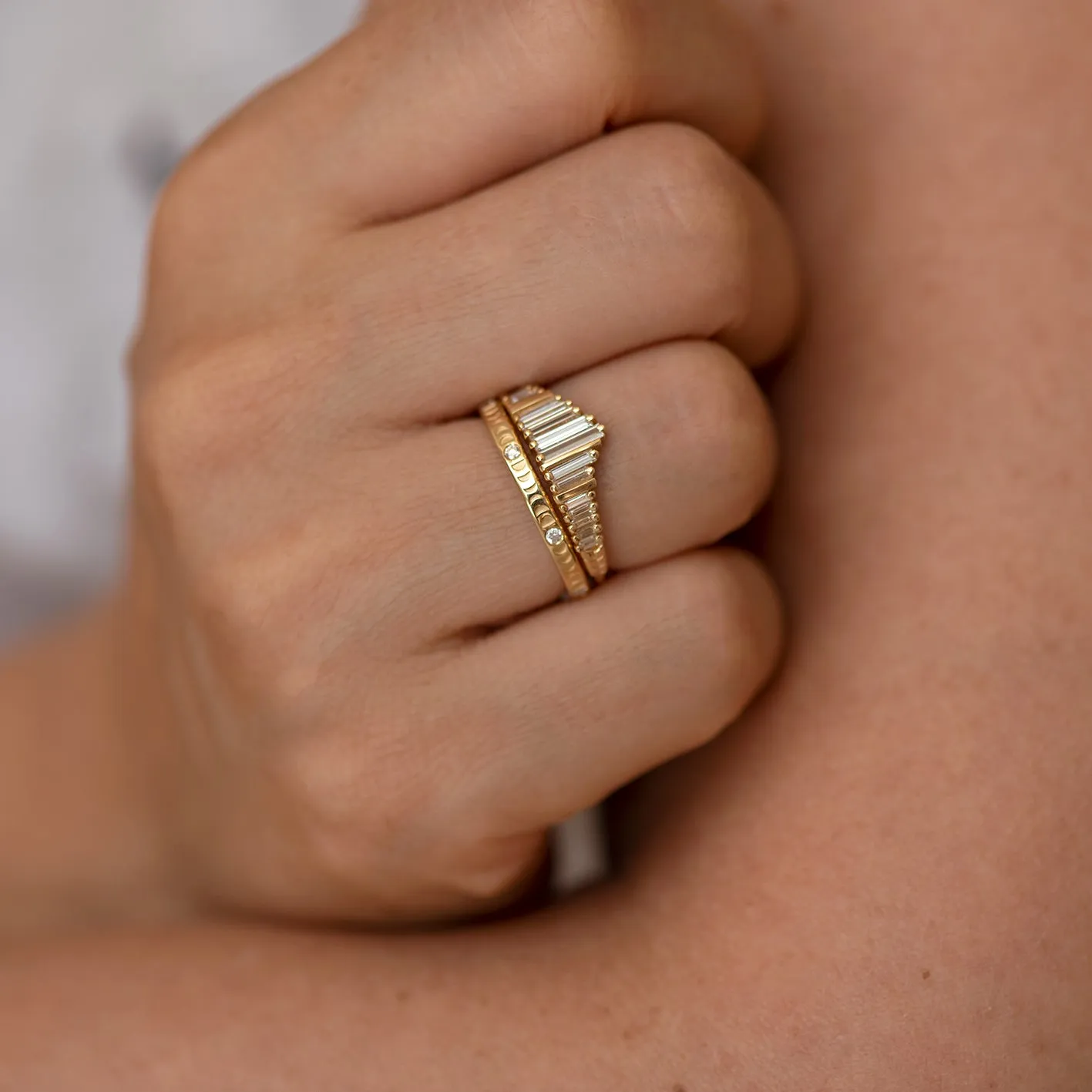 Needle Baguette Tiara Ring with Gold Bars