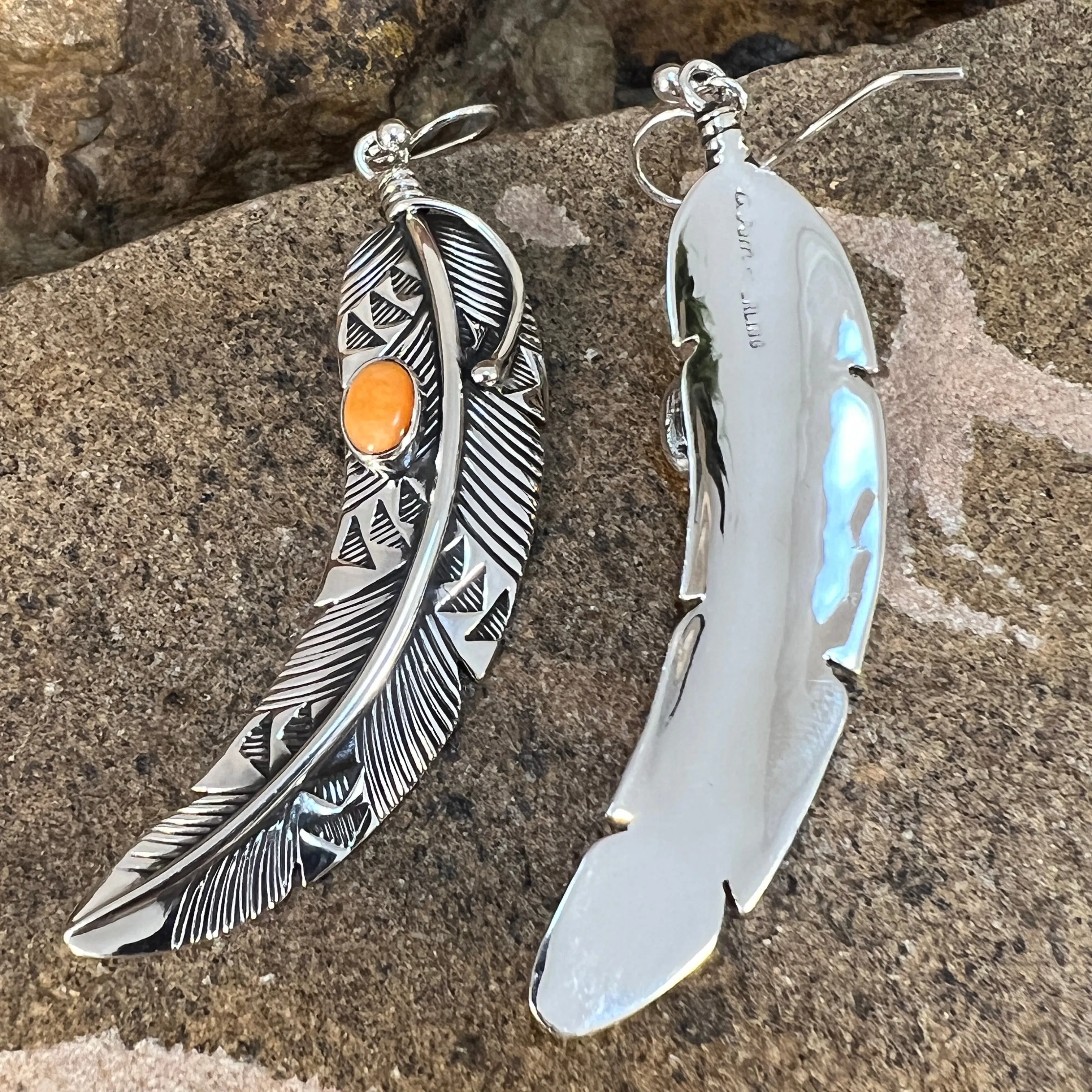 Orange Spiny Oyster Sterling Sliver Feather Earrings by Lena Platero