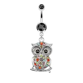 Owl Multi Color Gemmed on Branch WildKlass Dangle Navel Ring 316L Surgical Steel