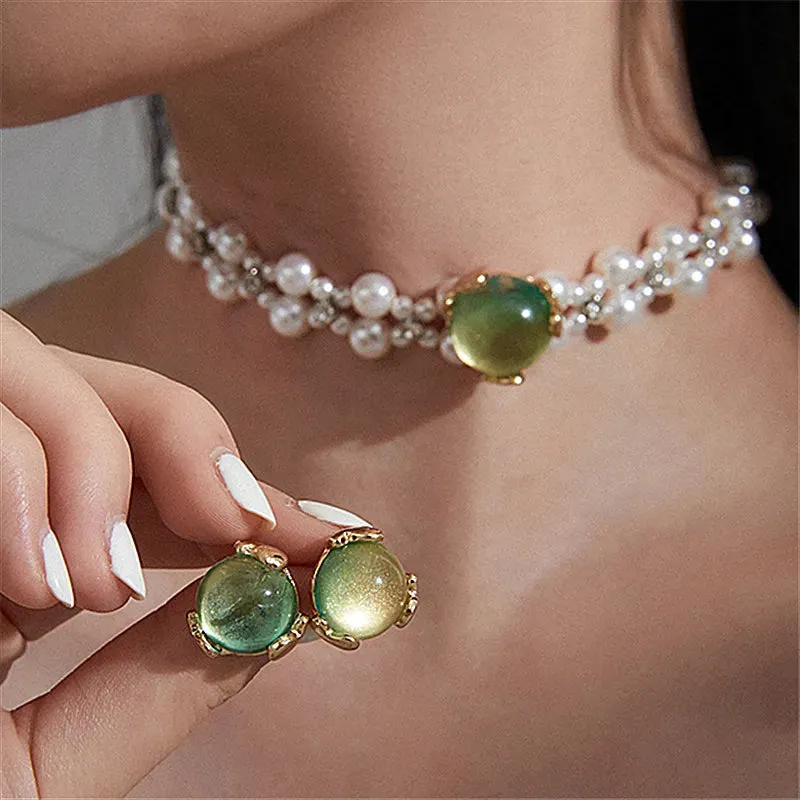 Pearl Green Opal Earrings and Choker Necklace