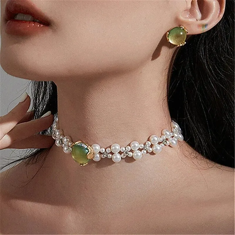 Pearl Green Opal Earrings and Choker Necklace