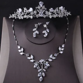 Princess Cubic Zirconia Tiara, Necklace & Earrings Wedding Jewelry Set