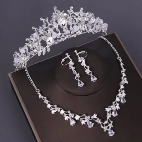 Queen Crystal Beads and Rhinestone Tiara, Necklace & Earrings Wedding Prom Jewelry Set