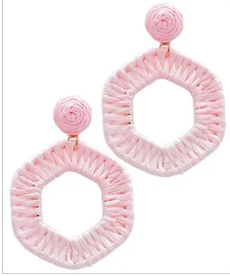 Raffia Wrapped Hexagon Earrings - Light Pink