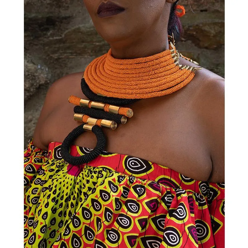 Ras Orange Beaded Choker Necklace