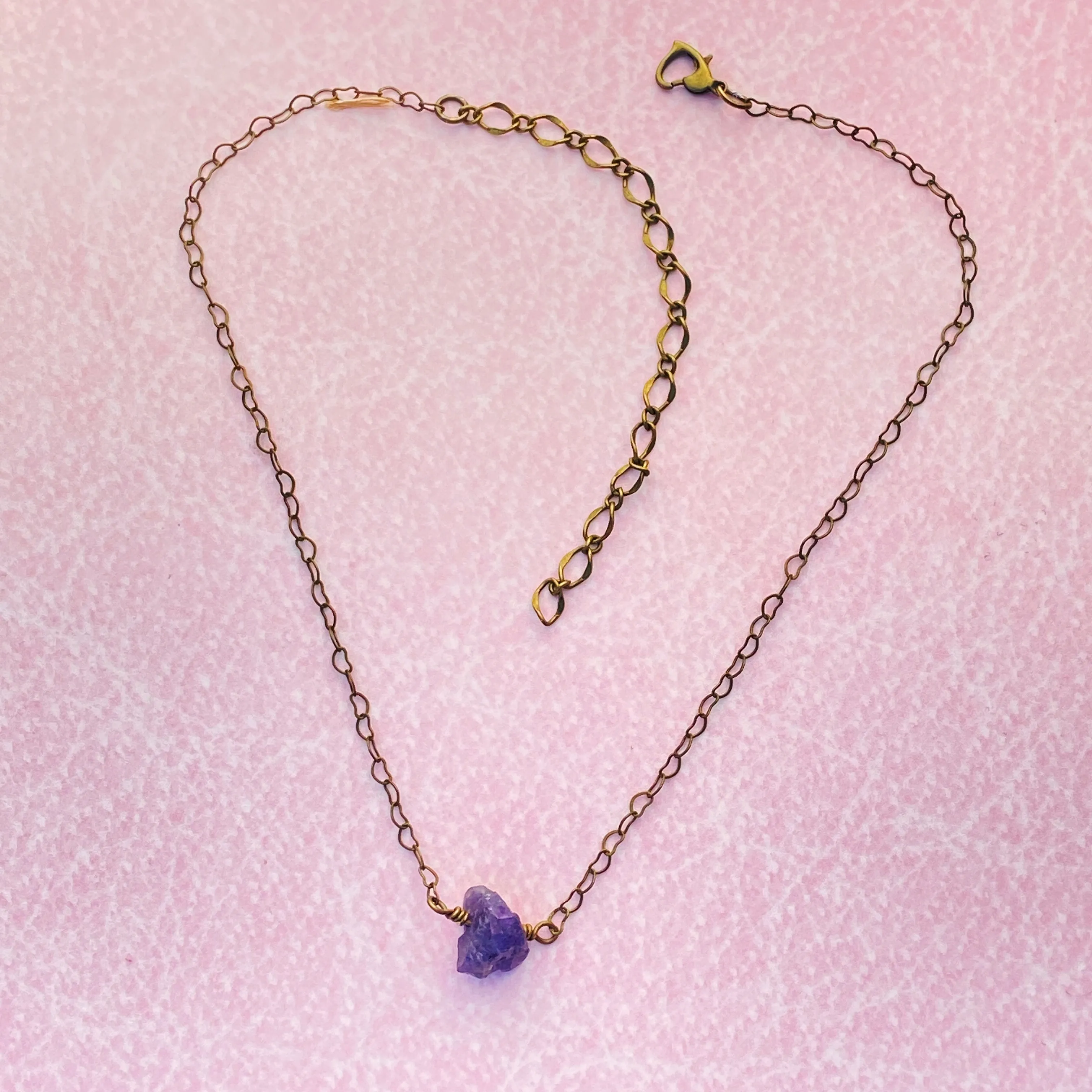 Raw Amethyst gemstone on Brass Heart Chain