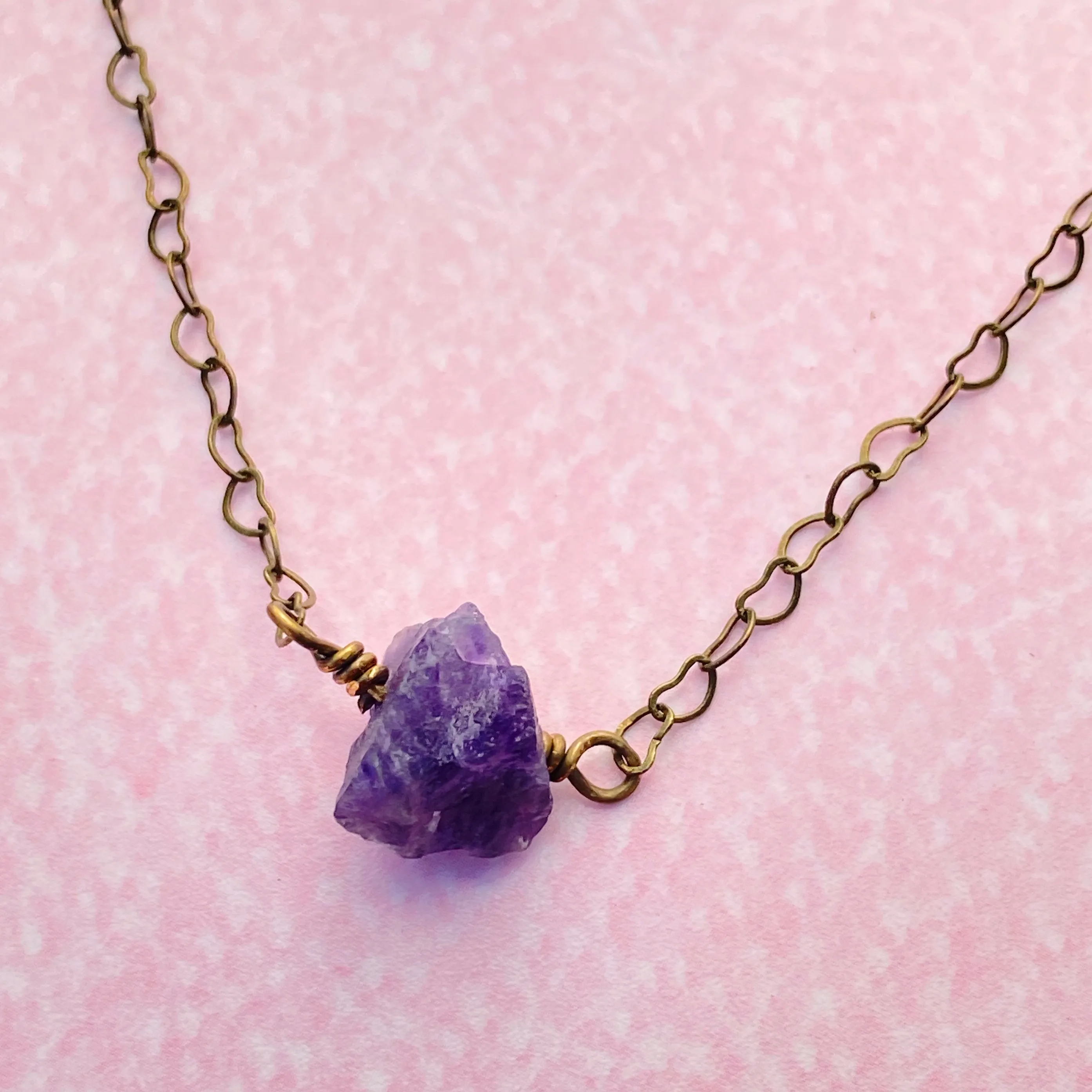 Raw Amethyst gemstone on Brass Heart Chain