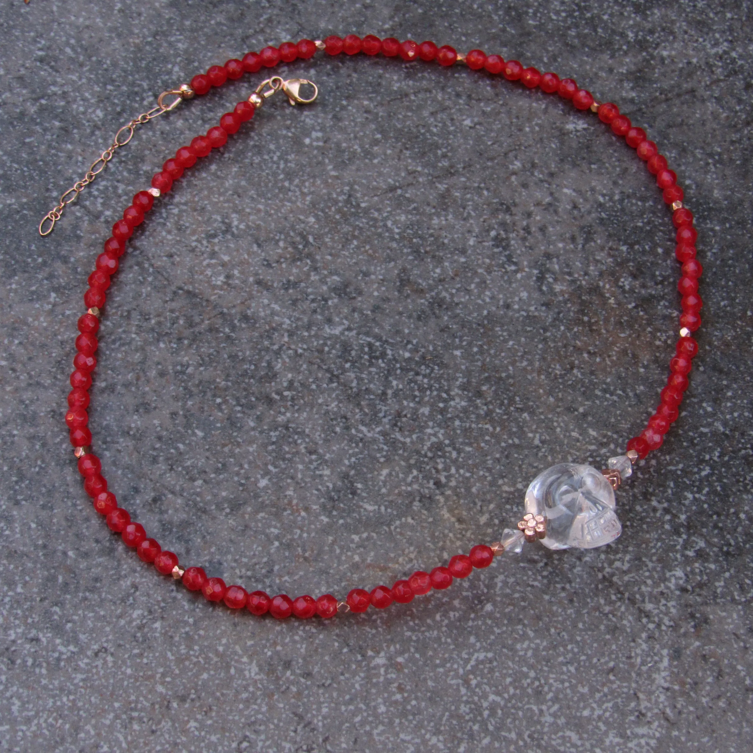 Red agate gemstones, Clear Quartz,  18 kt Rose gold vermeil over sterling silver flowers beaded choker