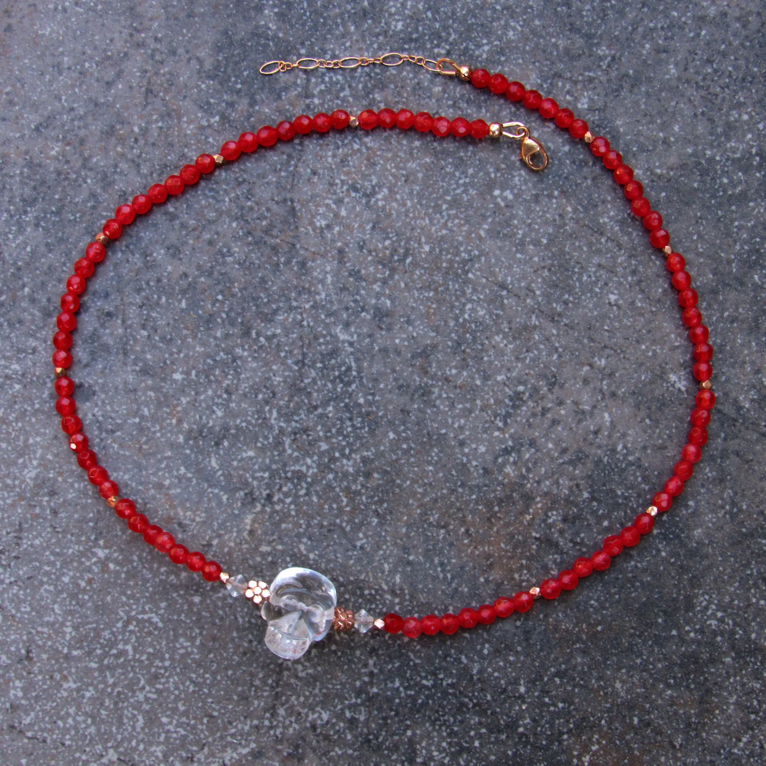 Red agate gemstones, Clear Quartz,  18 kt Rose gold vermeil over sterling silver flowers beaded choker