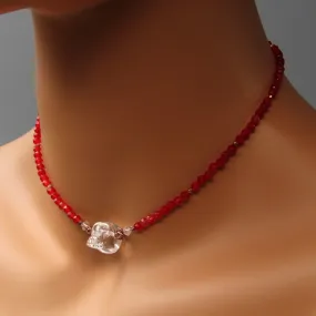 Red agate gemstones, Clear Quartz,  18 kt Rose gold vermeil over sterling silver flowers beaded choker