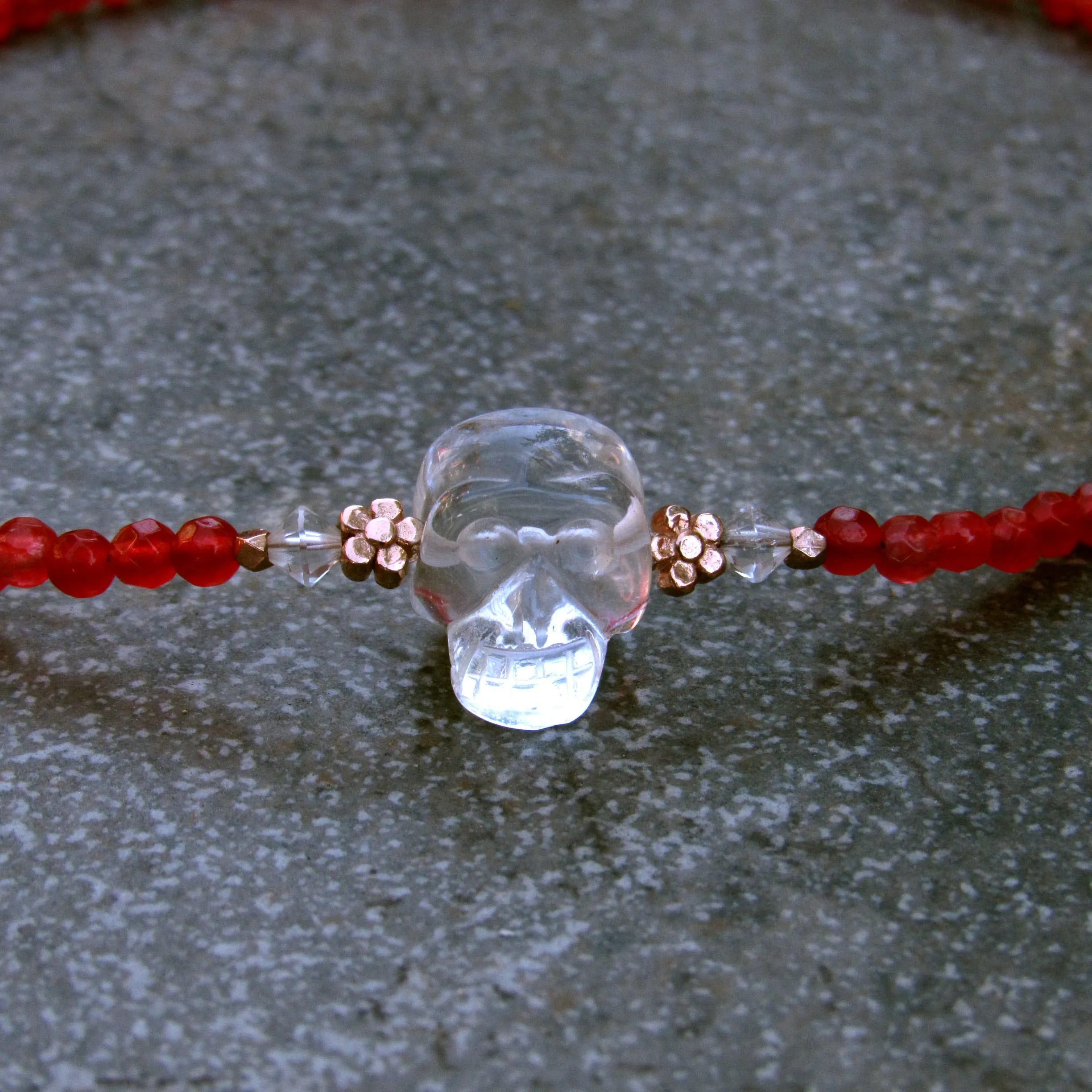 Red agate gemstones, Clear Quartz,  18 kt Rose gold vermeil over sterling silver flowers beaded choker