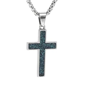 Reversible Stainless Steel Small Cross Pendant with a Crushed Turquoise Inlay