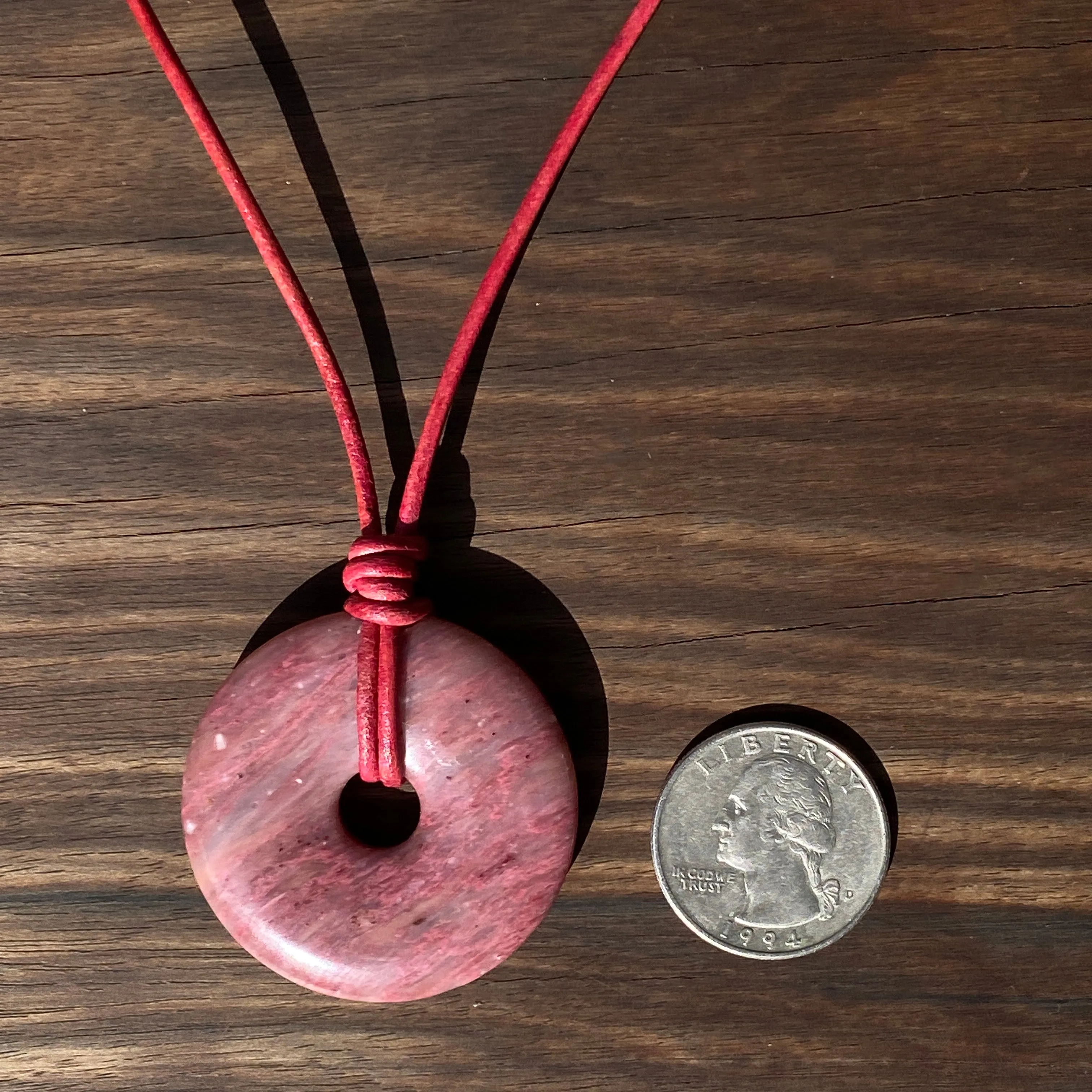 Rhodonite gemstone Donut Leather Necklace