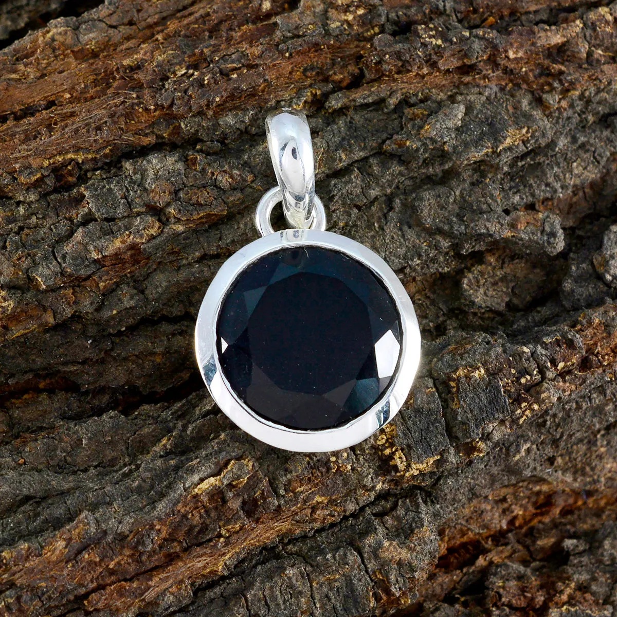 Riyo Decorative Gems Round Faceted Black Black Onyx Solid Silver Pendant Gift For Wedding