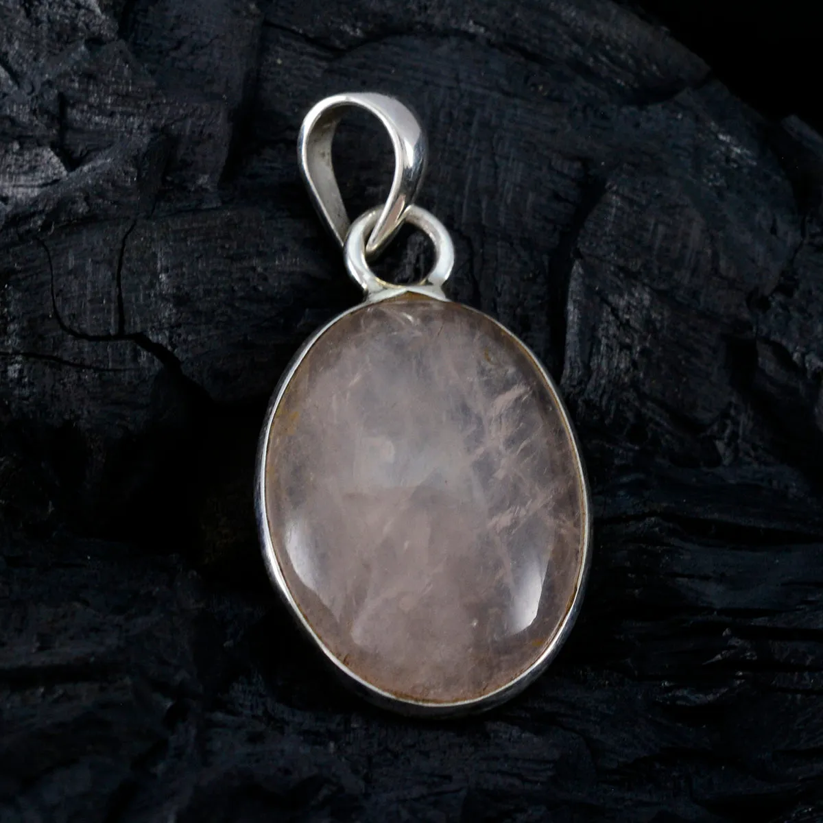 Riyo Elegant Gemstone Oval Cabochon Pink Rose Quartz Sterling Silver Pendant Gift For Christmas