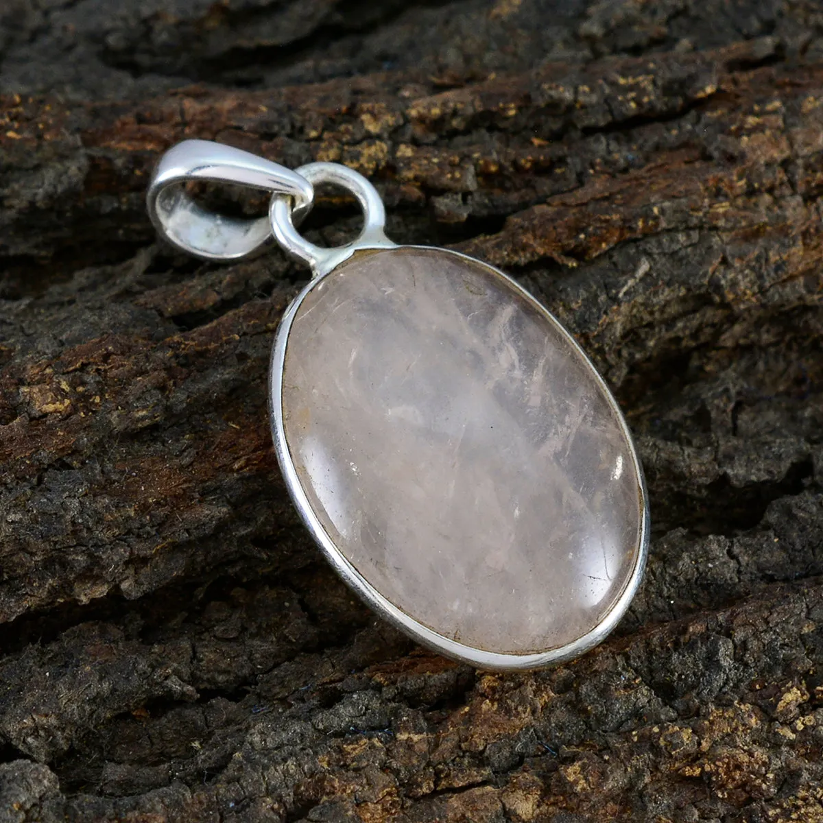 Riyo Elegant Gemstone Oval Cabochon Pink Rose Quartz Sterling Silver Pendant Gift For Christmas