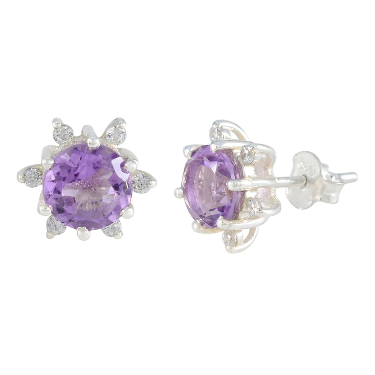 Riyo Engaging Sterling Silver Earring For Wife Amethyst Earring Bezel Setting Purple Earring Stud Earring