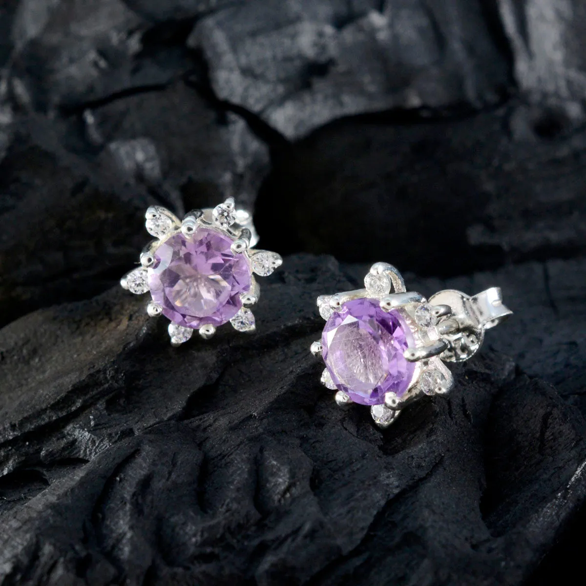 Riyo Engaging Sterling Silver Earring For Wife Amethyst Earring Bezel Setting Purple Earring Stud Earring