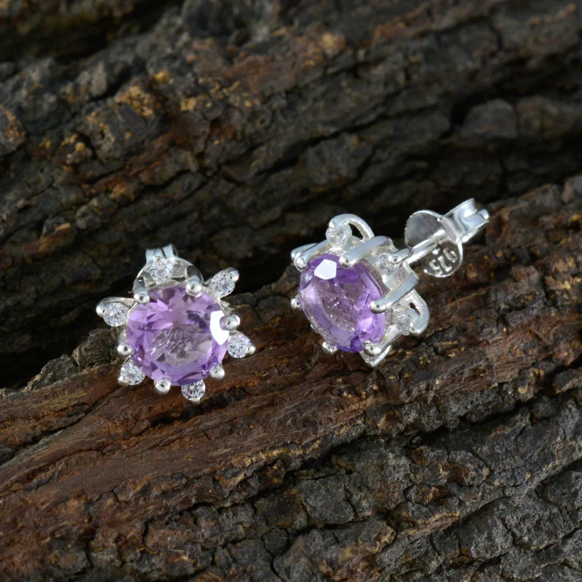 Riyo Engaging Sterling Silver Earring For Wife Amethyst Earring Bezel Setting Purple Earring Stud Earring