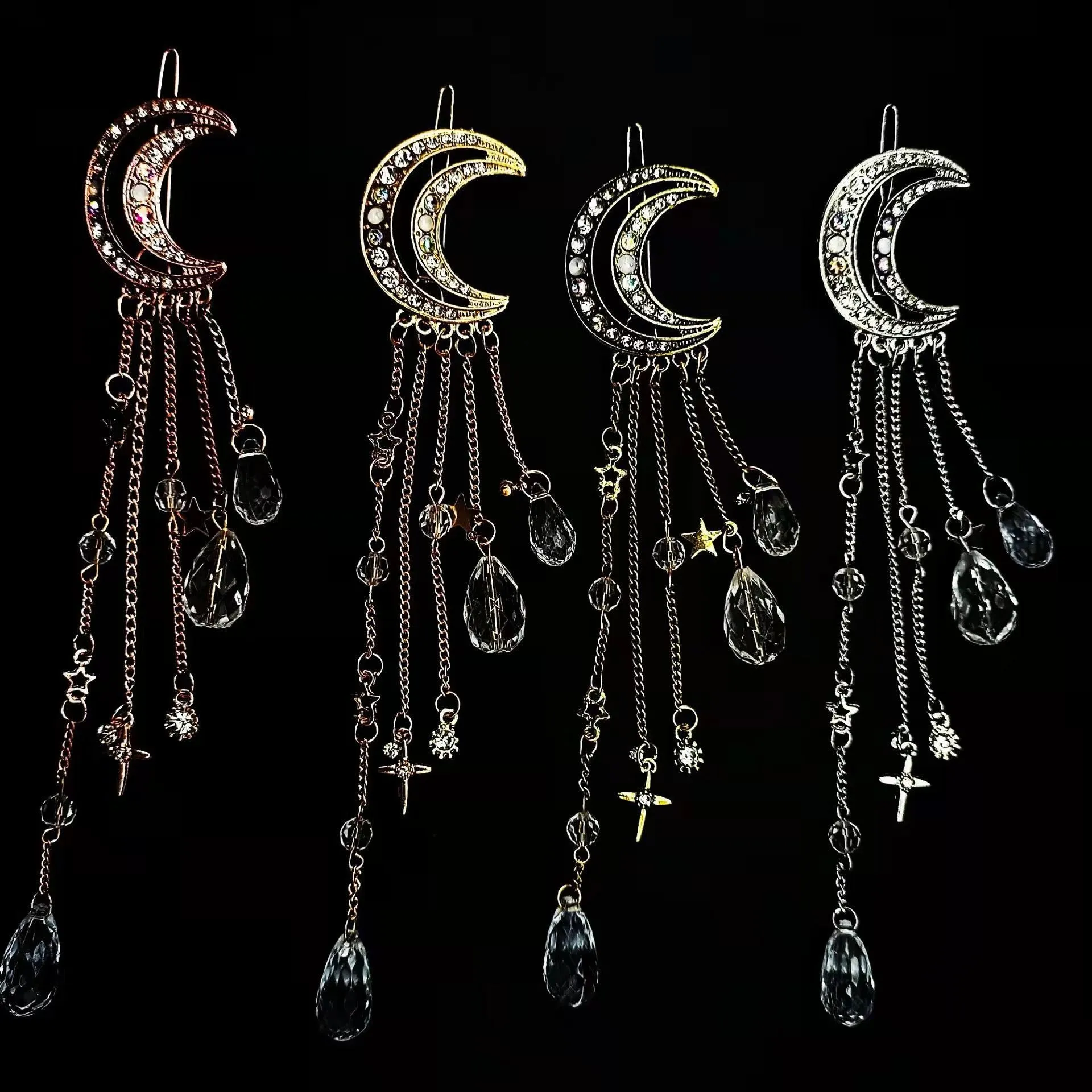 Romantic Rhinestone Crescent Moon Star Crystal Hairpin